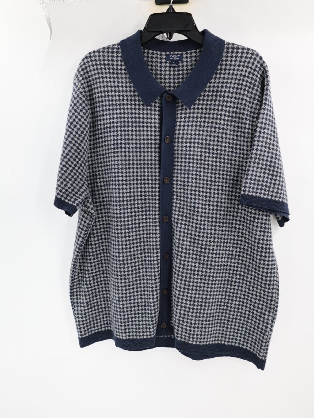 J Crew sweater Polo Mens XL Cotton Houndstooth Button Up Short Sleeve shirt knit